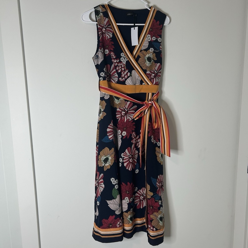 Liza Luxe Dress Womens Small Faux Wrap Floral Multicolored Maxi V-Neck Travel